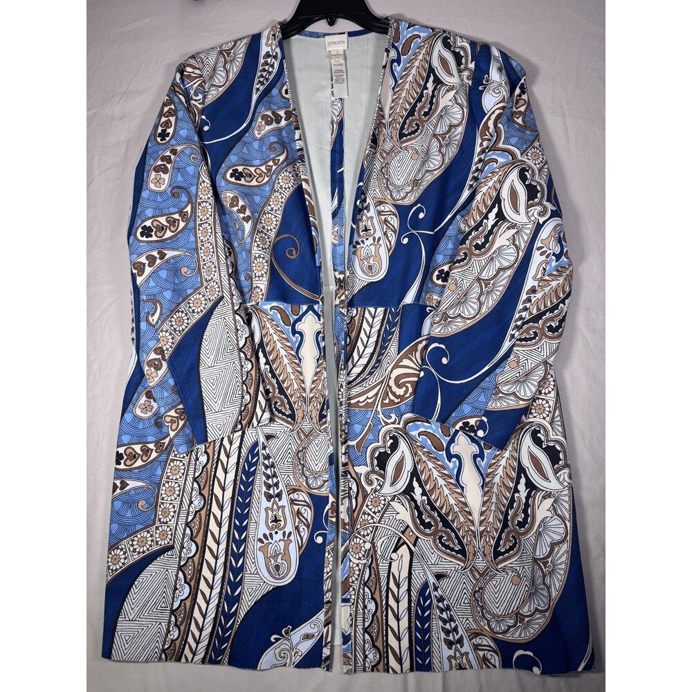 Chico's Size 3 Women’s Paisley Print Open Front Cardigan Jacket Faux Suede Boho